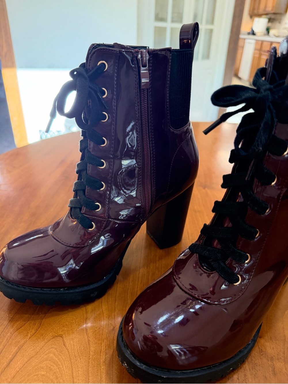 TOP Moda Patent Lace-Up Chunky Heel Ankle Boots - Burgundy